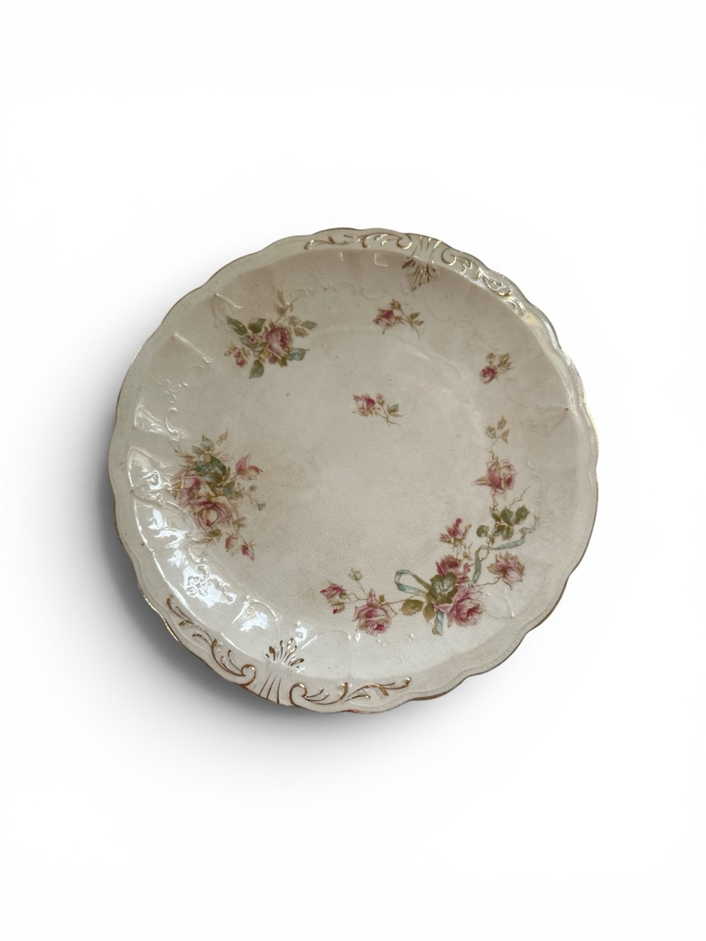 Vintage Floral Scalloped Rim Ceramic Plate with Pink Roses
